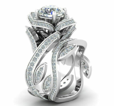 Flower Engagement Ring Set 14k White Gold 2.70Ct Round White Moissanite Size 7.5