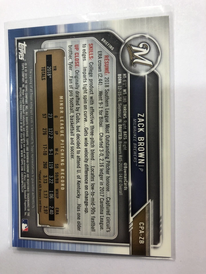 2019 Bowman Chrome 1st Zack Brown Milwaukee Brewers Prospect Auto #CPA-ZB - Image 2 of 2