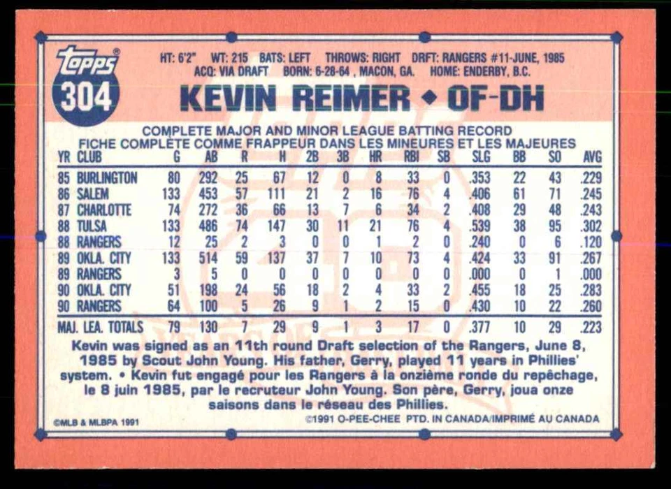 1991 O-Pee-Chee Kevin Reimer Texas Rangers #304 - Image 2 of 2