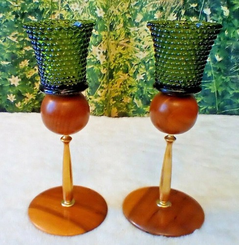 VINTAGE MCM OREGON MYRTLE WOOD CANDLE HOLDERS GREEN GLASS VOTIVES - Picture 4 of 12