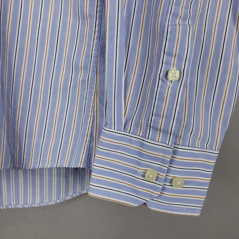 Santorelli Shirt Mens Medium 15.5 Trim Fit Blue Brown Striped Spread Collar - Image 4 of 4