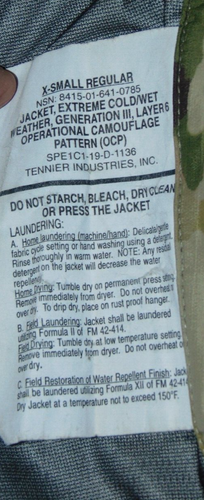 Tennier Industries Extreme Cold/Wet Weather Jacket Gen 3 Layer 6 OCP X-SMALL REG - Picture 4 of 4