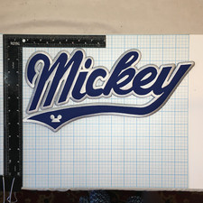 VINTAGE MICKEY MOUSE DISNEY CARTOON 13.5  IRON ON PATCH BLUE WHITE SCRIPT