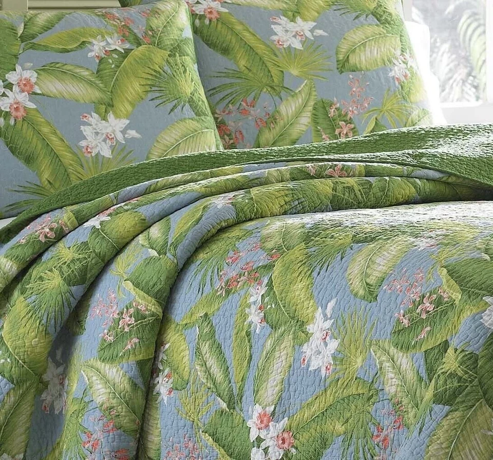 Juego de edredón King verde tropical hoja de palma costera floral exótica ropa de cama Bahama 3 piezas Foto 3 de 4
