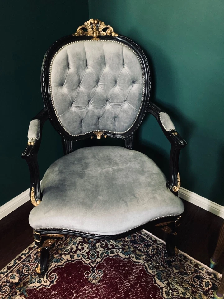 Silla estilo vintage con acento francés gris terciopelo negro madera de haya barroco rococó Foto 3 de 4
