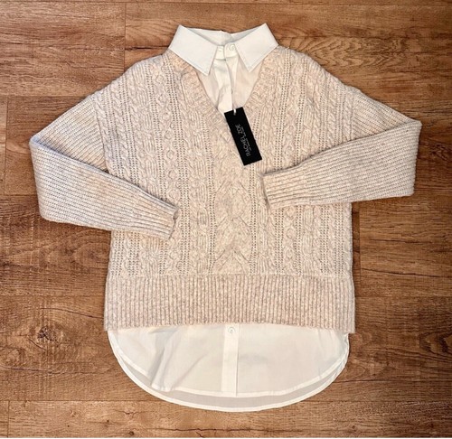 NWT Rachel Zoe Collared Twofer Cable Knit Sweater Size XS - 第 1/6 張圖片