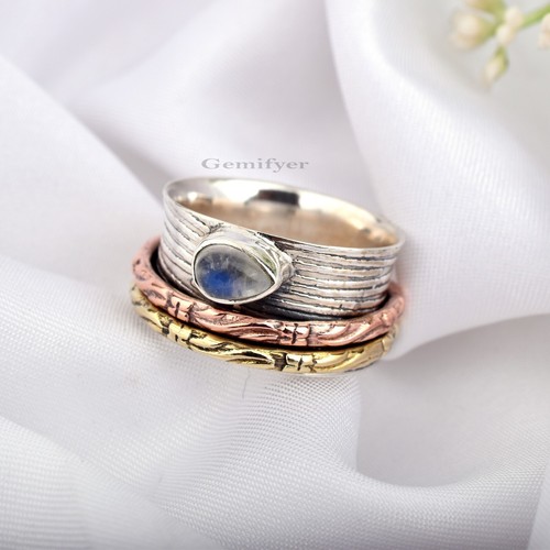 925 Sterling Silver Moonstone Ring Women's Spinner Jewelry Copper Brass Fidget - Picture 3 of 8