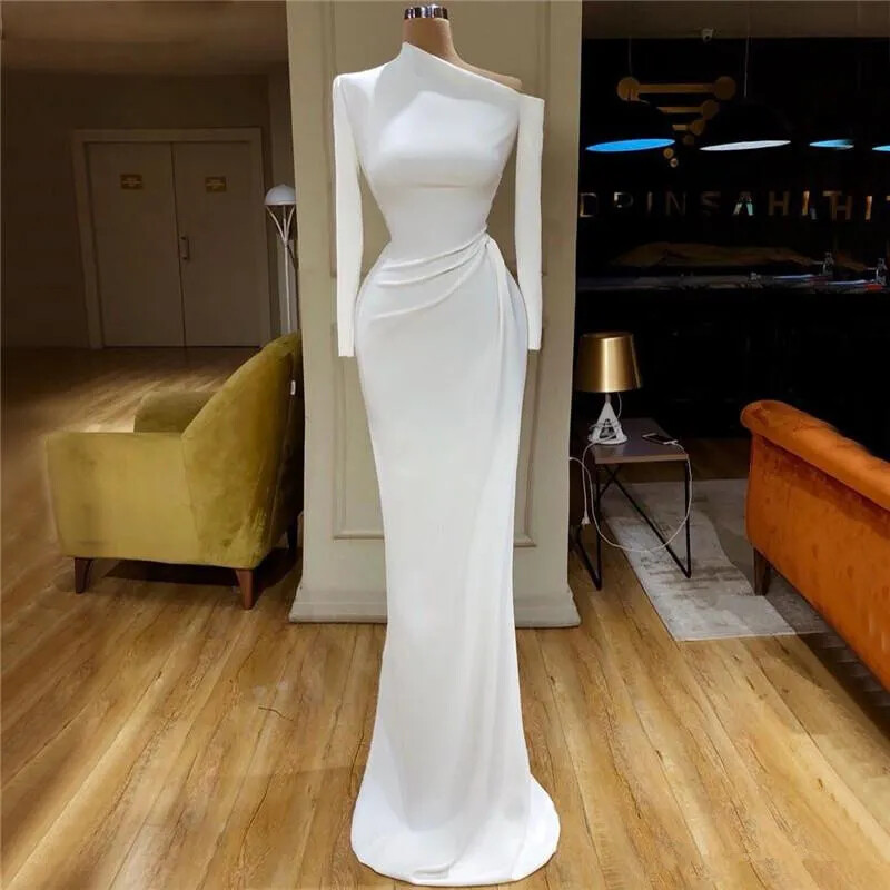 Elegant White Mermaid Prom Dresses One Shoulder Long Sleeve Satin Evening  Gowns | eBay