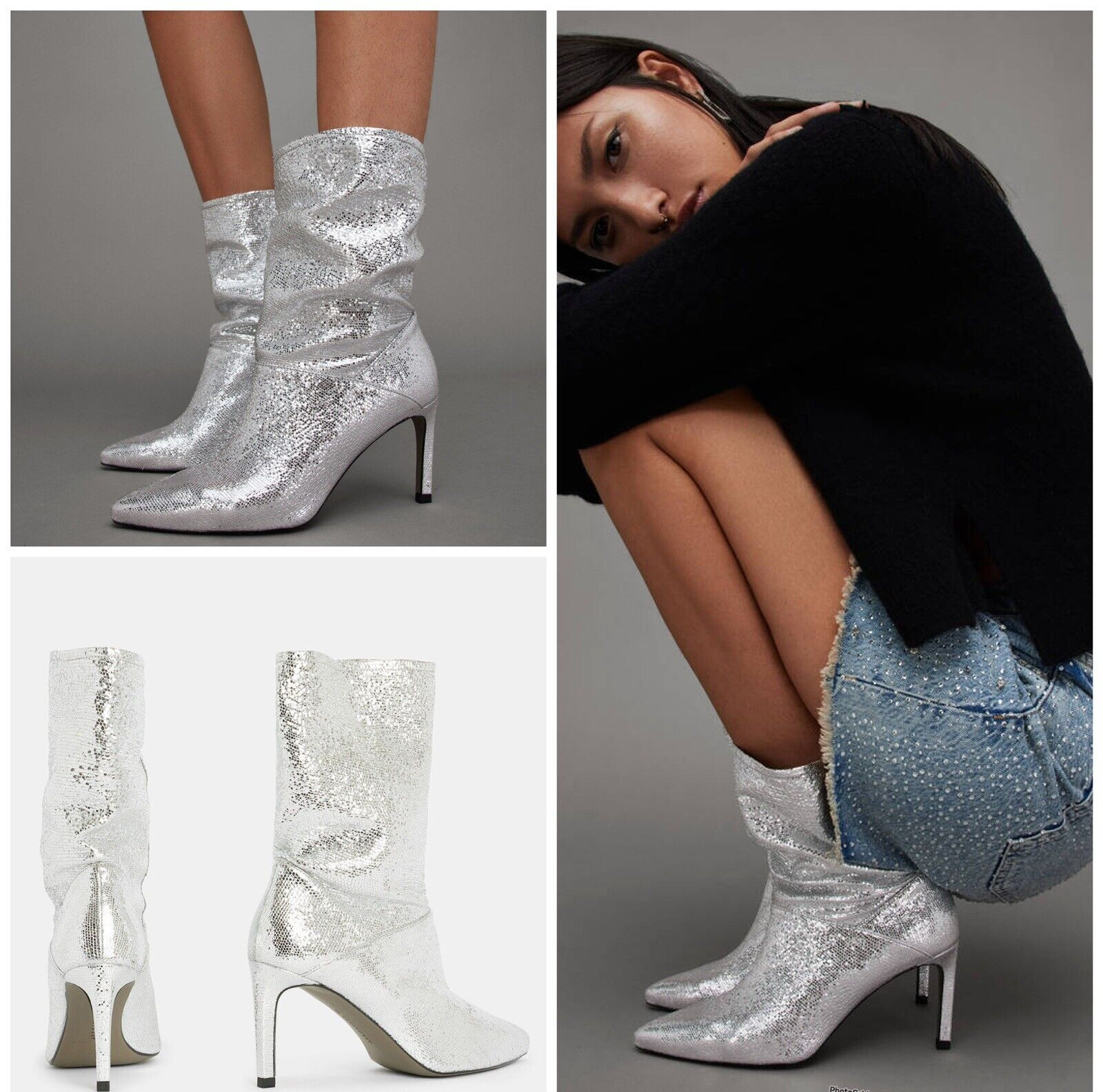 Nuevas botas de cuero brillante con tacón ALLSAINTS Orlana $349 Talla: 6