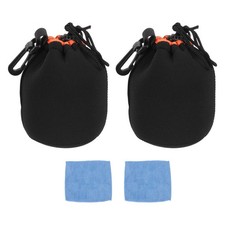 2 Pcs 4" ID x 6" H Camera Drawstring Orange Interior Lens Pouch, Black/Orange