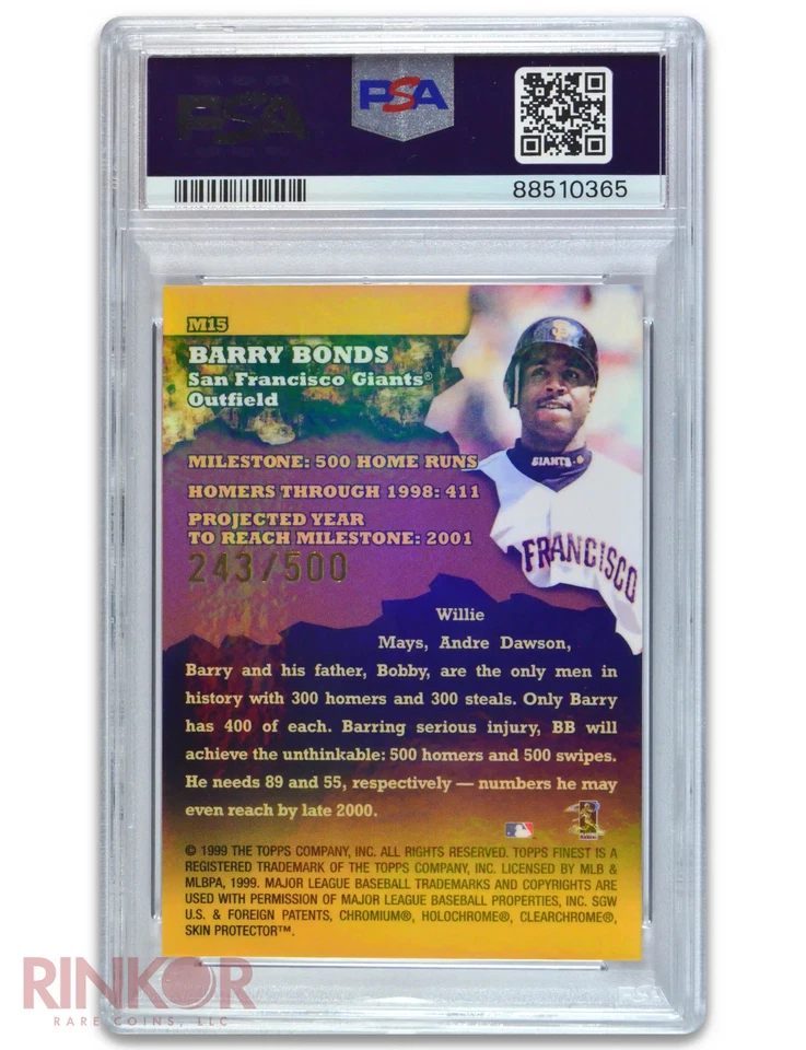1999 Finest Milestones Barry Bonds /500 PSA GEM MT 10 - Image 2 of 3