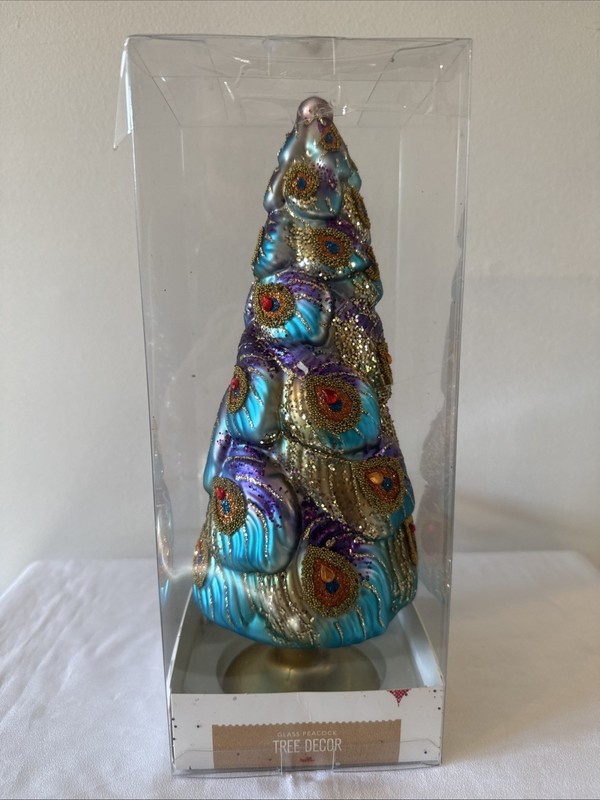 Macy's Holiday Lane Glass Peacock Tree Topper Patina Iridescent 10.5" Tall