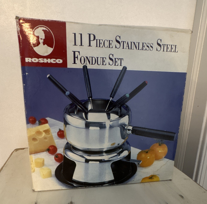 Roshco 11-Piece Stainless Steel Fondue Set w/ Pot Base Forks, Silver/Black