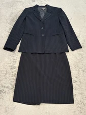 Kasper Pinstripe Suit Blazer & Skirt Set Womens 6P Petite Navy Blue Career