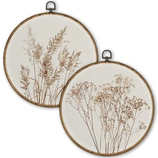 Beige Rustic Fall Botanical Round Wall Art Decor Set of 2, Boho Autumn Wildfl...