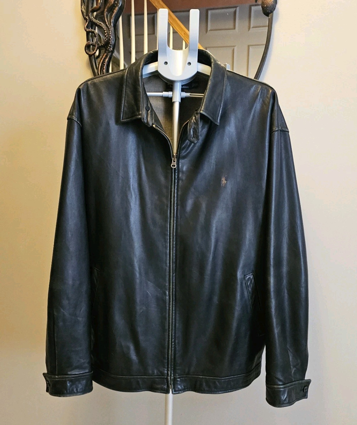 Vintage 90s Polo Ralph Lauren Leather Jacket Houndstooth Lined Black Faded Coat