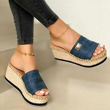Womens Open Toe Sandals Wedge High Heels Slippers Beach Platform Shoes Slip On