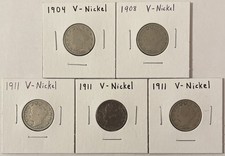 Lot of 5 Liberty Head  V  Nickels 1904-1911 United States of America