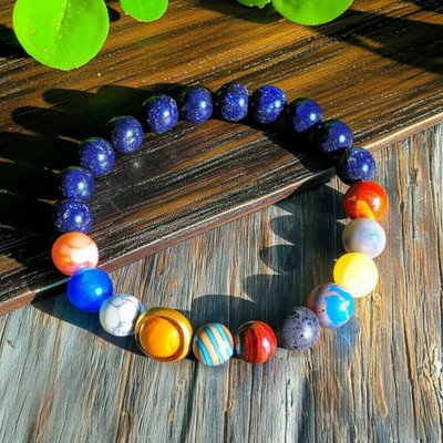 Natural Assorted Stone Beads Universe Galaxy Planets Woman Elastic Bracelet Gift