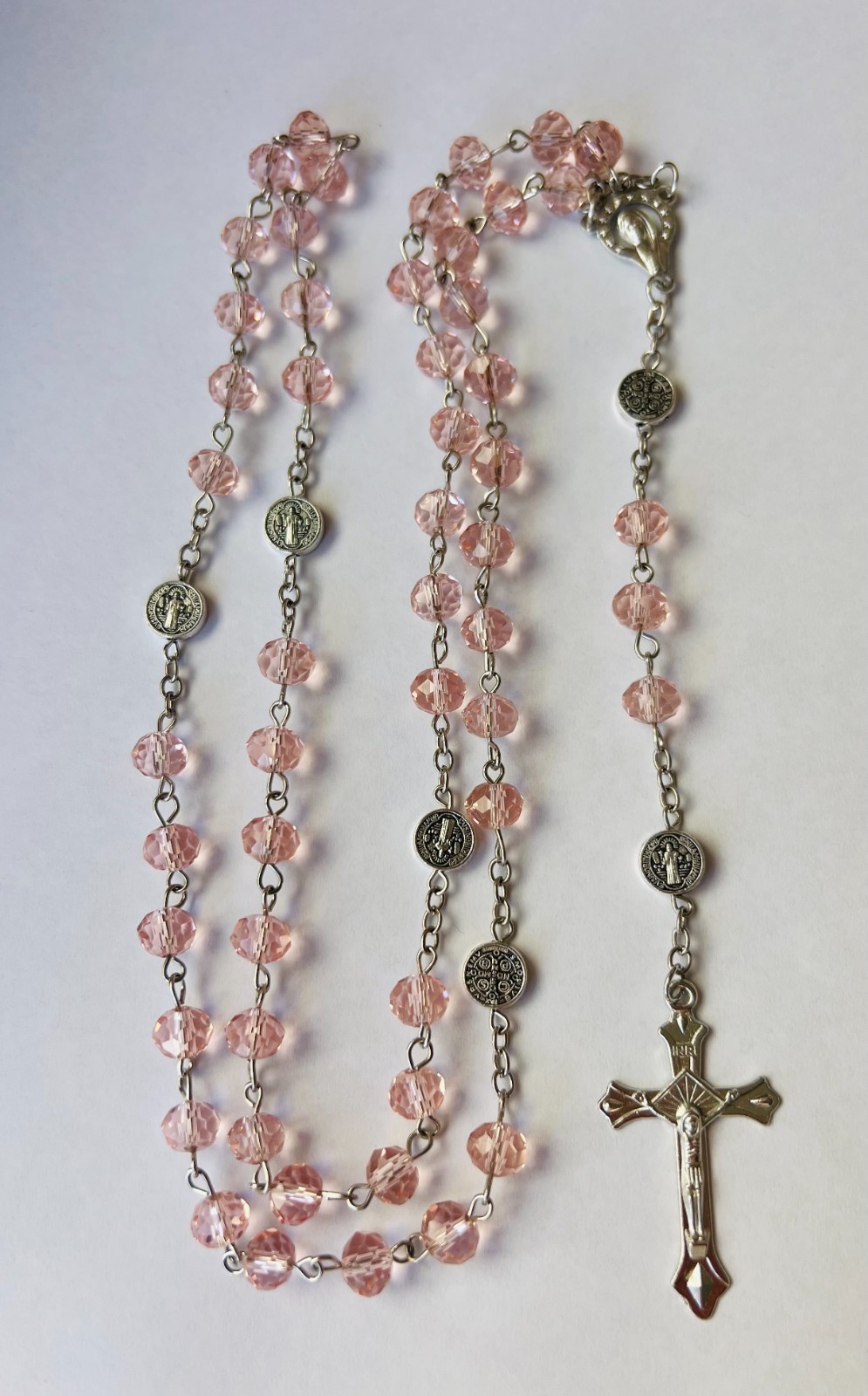 Light Pink Crystal Rosary Beads Necklace with Crucifix for Catholics - New