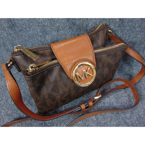 Michael Kors Fulton Purse Brown MK Signature PVC Crossbody Wristlet Bag