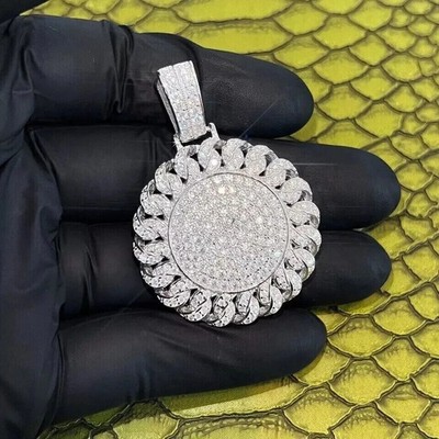 3Ct Round Cut Real Moissanite Cuban Medallion Mens Pendant 14k White Gold Plated