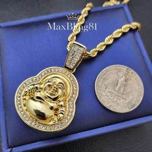 Authentic Iced Happy Buddha & Gold Bar CZ Pendant & 24" Rope Chain 2 Necklace Gold plated