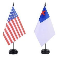Made in the USA--1 American & 1 Christian Flag 8”x 5”Office Desk Flag & 2 Stands