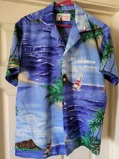 Vintage Hawaiian Shirt Shoreline Hawaii Blue Sailboats Palm Trees Sz M