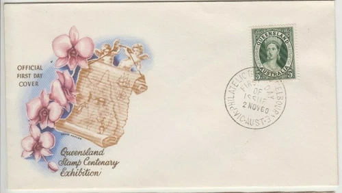 Stamp 1960 Australia 5d green Queensland Centenary on exhibition souvenir cover