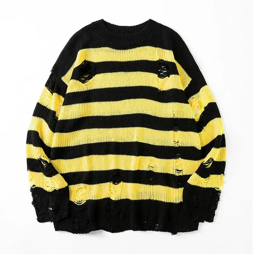 Maglioni a righe neri distrutti strappati maglione uomo pullover maglia foro maglioni - Foto 10 di 21