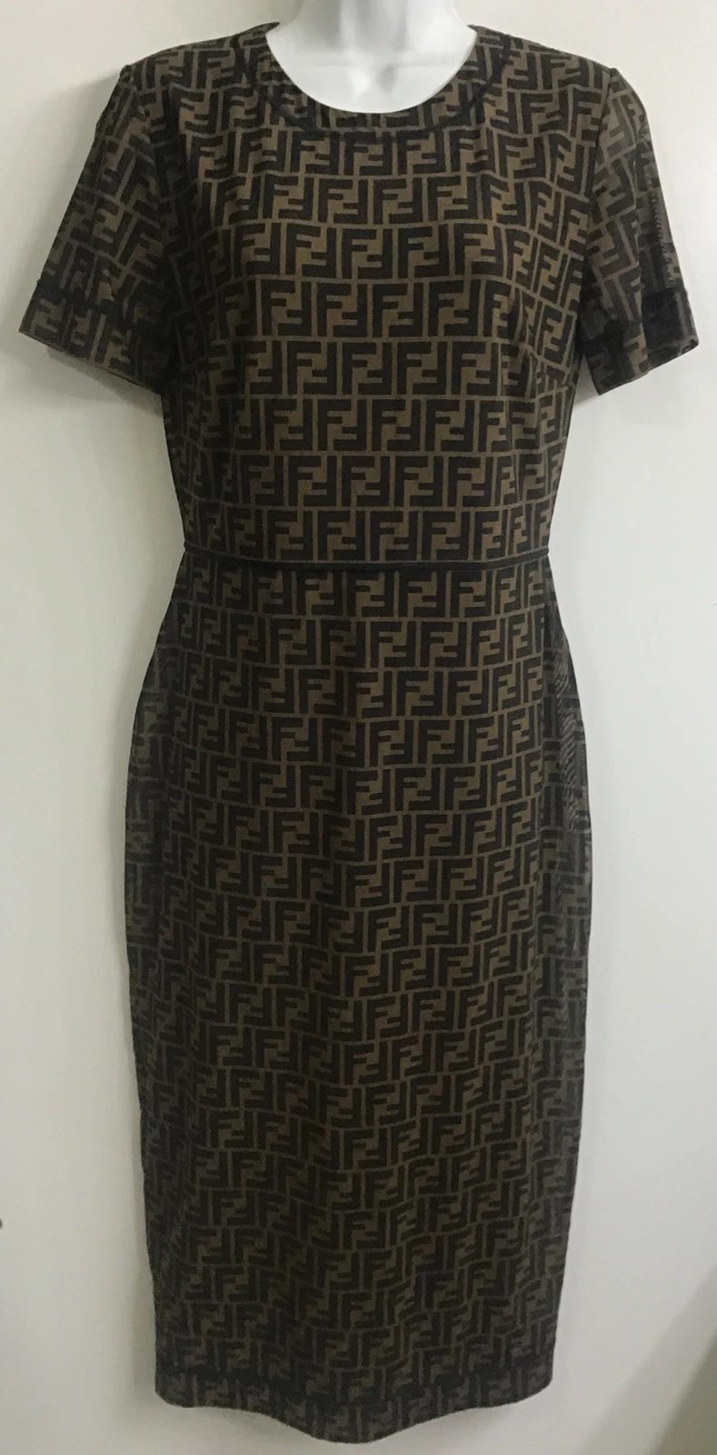 Fendi ��Vestito Stampa Zucca Marrone Girocollo Manica Corta Midi Elasticizzato Taglia 42 10