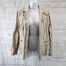 Chicos Womens Blazer Sz Medium Beige Open Front Cotton Blend Long Sleeve