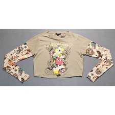 Ed Hardy Women  s NWT True To My Love Cropped T Shirt With Mesh Tattoo Sleeves Lg