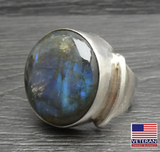Vintage Sterling Silver Hand Made Labradorite Blue Round Large Band Ring Size