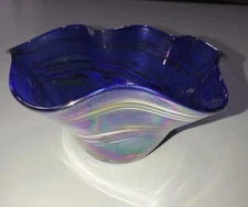GLASS EYE ART STUDIO Hand Blown Cobalt/multi Glass Bowl Dish 🇺🇸