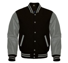 Men's Varsity Letterman Baseball Black Wool & Pure Gray Leather Sleeves Jacket