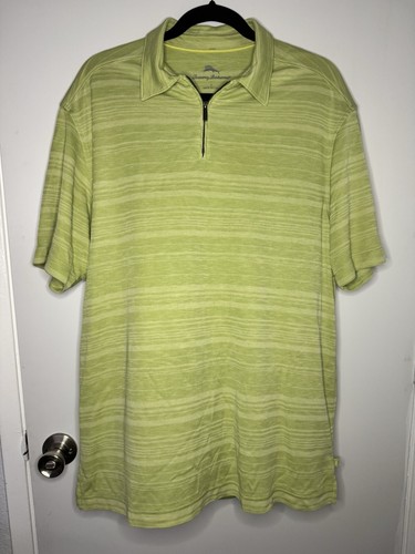 Mens Tommy Bahama Collared Polo Shirt Green Stripe Zip Size Large Golf Casual