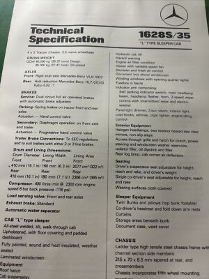 Mercedes Benz 1628S/35 Truck Technical Specification Brochure Frameable 1984