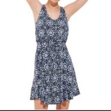 Loft Ann Taylor medallion blue tie waist swing dress size S