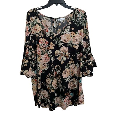 Roommates | Black Pink Floral Textured 3/4 Flare Sleeve Tunic Top 1X Cottage