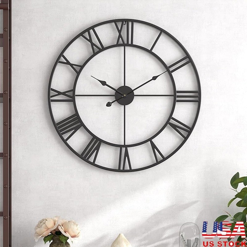 Large Silent Waterproof Metal Wall Clock Roman Numerals Vintage Decor 24 Inch US