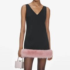 Self-Portrait Crepe Faux Fur Hem Mini Dress Black