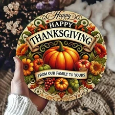 1pc 2D Happy Golden Autumn 8x8inch Round Metal Sign- Vintage Style Bar, Cafe, an