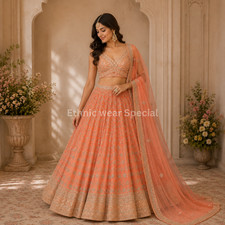 Peach Silk Lehenga Choli Sequin Zari Embroidery Bridal Wedding Reception Wear