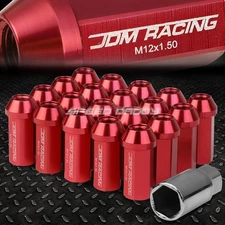 JDM CLOSED-END ALUMINUM RED 20 LUG NUTS SET+ADAPTER M12X1.5 25MM OD/50MM TALL
