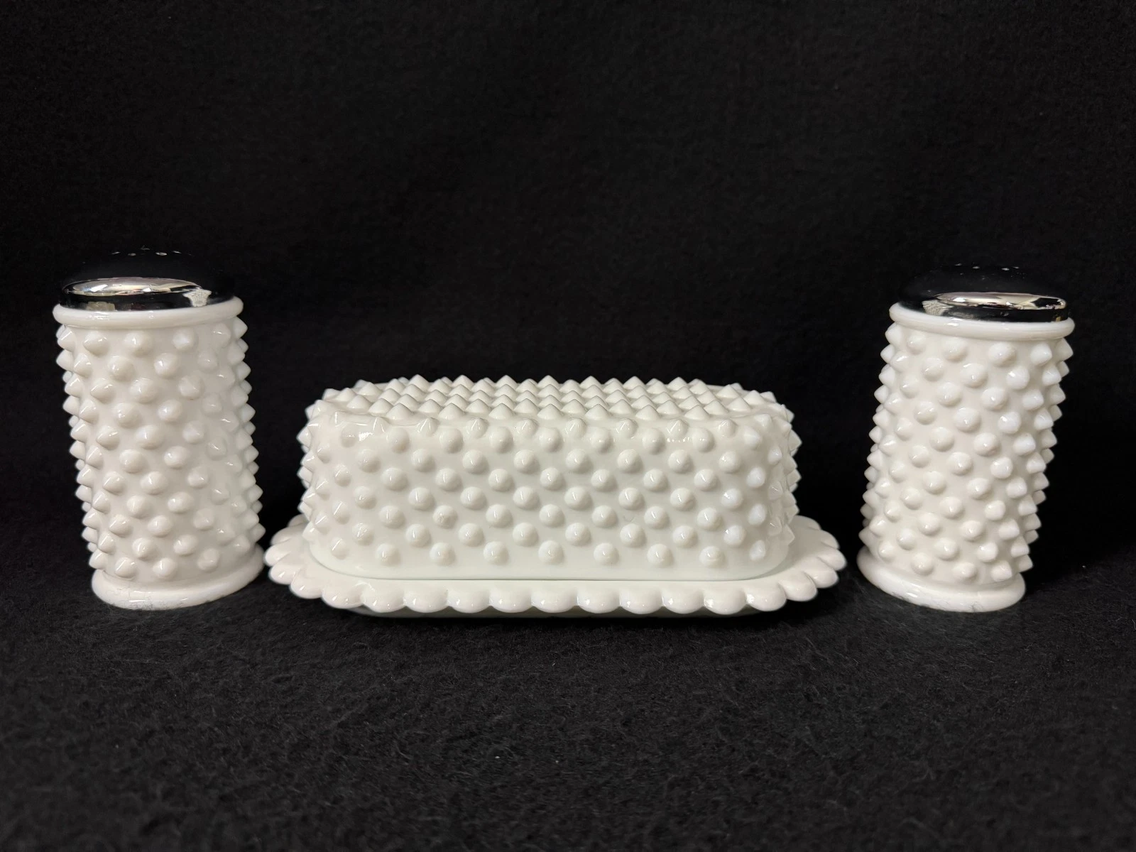Vintage Fenton Hobnail Butter Dish Scalloped Edge with Lid & Salt Pepper Shakers
