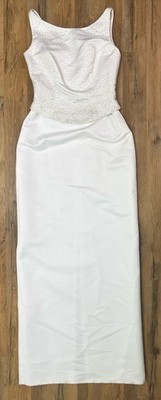 Intrigue by Forever Yours Long White Wedding Dress Size 4 Beaded Modest Straight