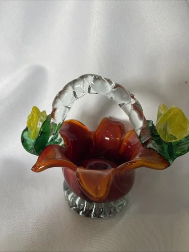 Vtg Murano Style Orange Green Yellow Blown Glass Flower Basket Candle Holder
