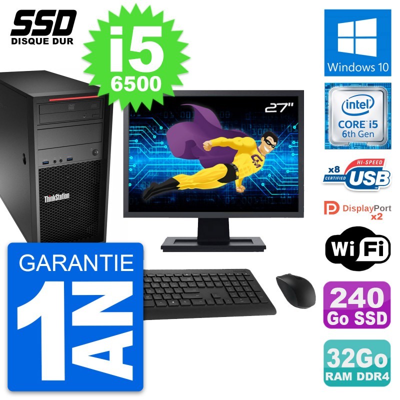 PC Tour Lenovo P320 MT Ecran 27" Core i5-6500 RAM 32Go SSD 240Go Windows 10 Wifi